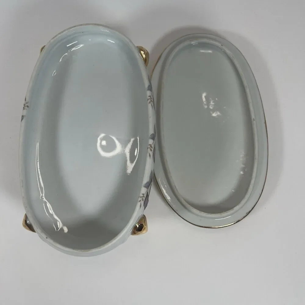 Porcelain Trinket Box With Gold Gilded Feet Oval Shaped With‎ Hand Painted Roses